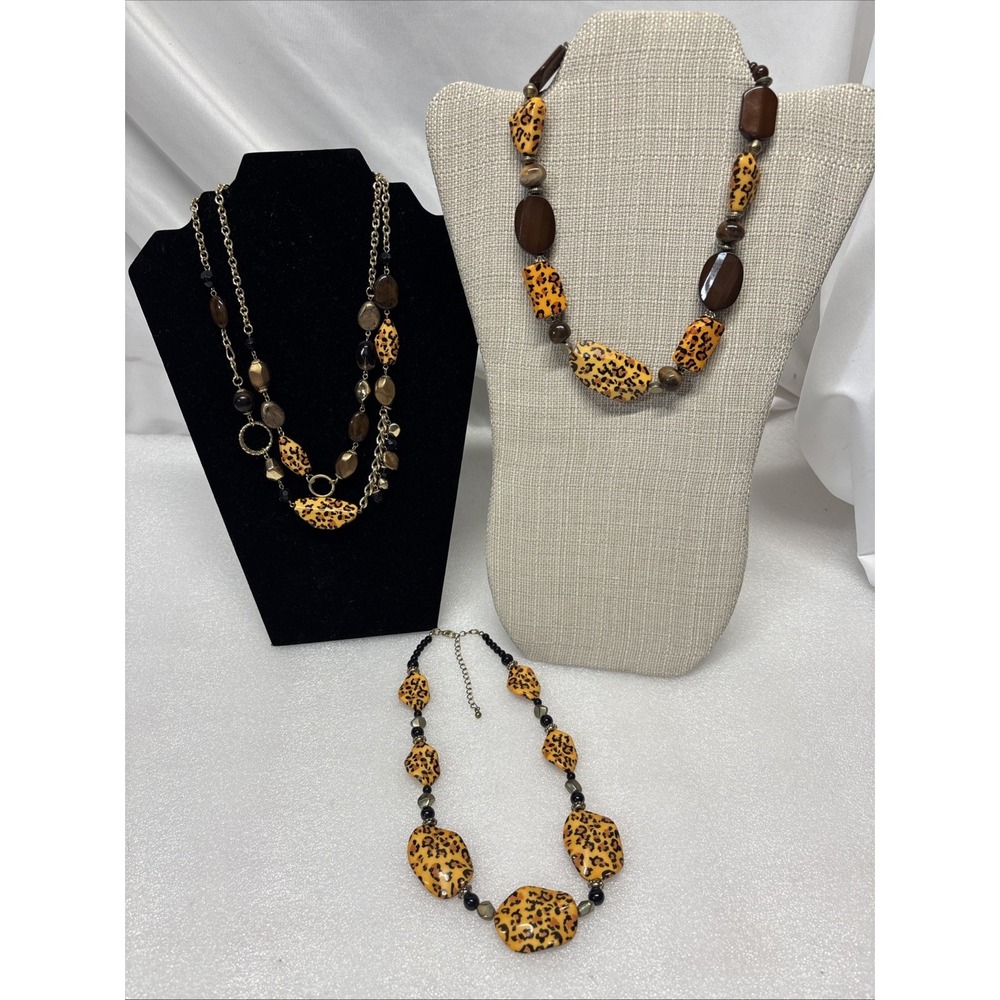 Vintage Lot Of 3 Necklace Beaded Lucite Animal Print Statement